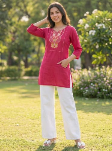 Image of Cotton Blend Embroidered Straight Kurta for Women | Cotton Blend | 3 /4 Sleeve | Round Neck V-Slit | Ethnic Wear Casual Wear
