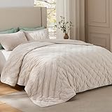Bedsure Velvet Fleece Comforter Set Queen, Beige Lightweight Quilted Bedding Set, Soft Warm Blanket for All Season, 3 Pieces, 1 Comforter (90' x 90') and 2 Pillow Shams (20' x 26')