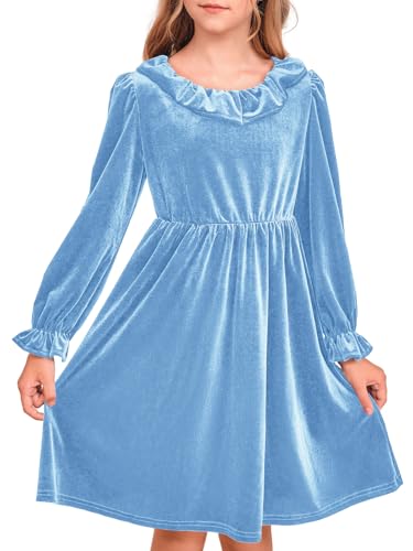 Meikulo Girls Long Sleeve Velvet Dress Kids Ruffle Crewneck A-Line Dresses 5-14 Years