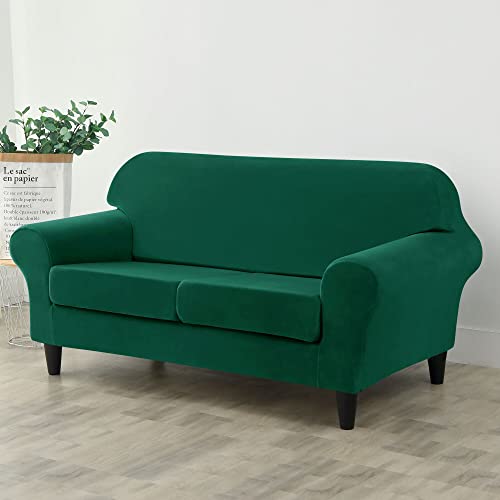 Obcreat 3 Pieces Sofa Slipcover Stretch Velvet Sofa Covers For 2 Cushion Couch Loveseat Covers Soft Couch Cover With Elastic Bottom Non Slip Furniture Protector For Pets Kids (Green, Medium) #TOP1