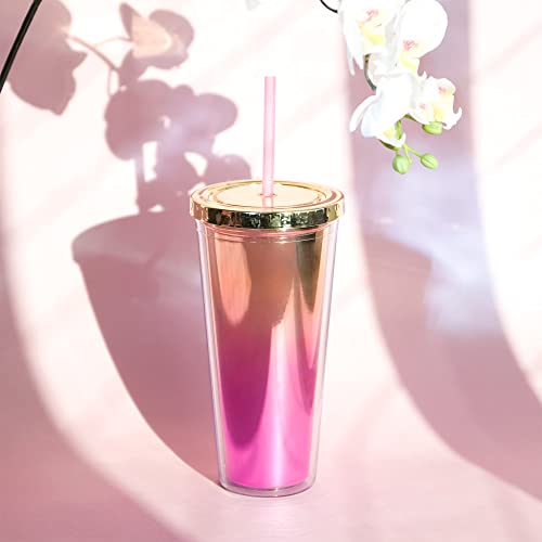 Blush Metallic Ombre Sparkle Tumbler | Reusable Travel, Plastic, Slim, Iced Coffee Cup With Silicone Seal, Screw-On-Lid And Straw, 24Oz, Gold And Pink #TOP3