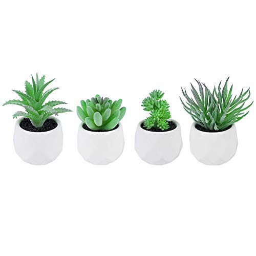 Plantas suculentas artificiales,suculentas falsas púrpuras Plantas pequeñas en cerámica blanca en macetas para decoración de interiores Decoración de escritorio de sala de oficina 4 macetas (Green-3)
