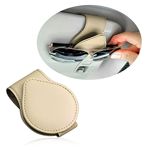 OFBAND Magnetic Sunglass Holder for Car Visor,PU Leather Car Sunglass Holder Organizes Glasses Tickets Cards & Keeps Car Tidy,Universal Car Accessories Interior (Khaki)