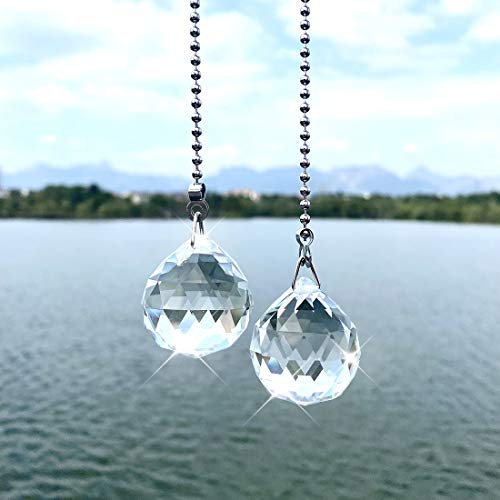 Image of Ceiling Fan Pull Chain, 2pcs 30mm Diameter Prism Ball Extension Chains with Decorative Light Bulb and Fan Cord (Clear)