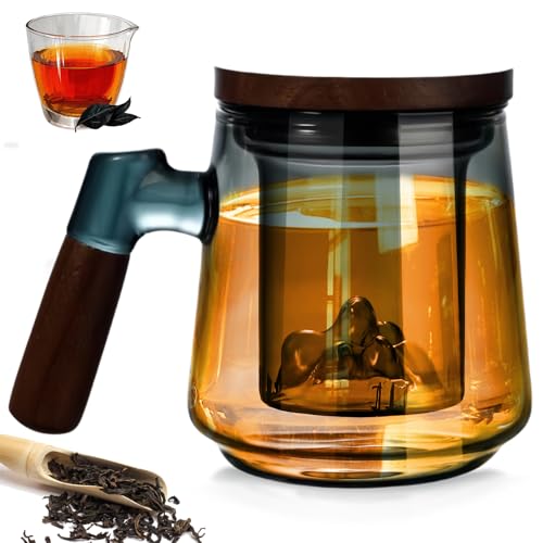 Taza de té de cristal con tapa y colador, tazas de té de 500 ml con mango de madera, grandes tazas de té de vidrio de borosilicato, vasos de té para té suelto, té de flores, amantes del té, regalos
