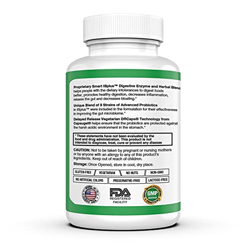 Smart Naturals Ibplus® Probiotic, Digestive Enzyme & Herbal Blend, Improved Formula-60 Capsules!! For Irritable Bowel - Abdominal Pain, Constipation, Diarrhea, Gas/Bloating –Proprietary Formula #TOP3