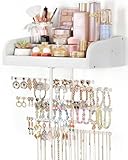 Keebofly Wall Mounted Jewelry Organizer 7-in-1 with Large Stepped Rustic Whitewood Shelves - Iron Jewelry Holder for Earring, Necklace, Bracelet Storage + Makeup/Perfume/Nail Polish Display