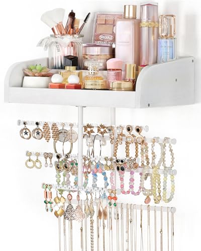 Keebofly Wall Mounted Jewelry Organizer 7-in-1 with Large Stepped Rustic Whitewood Shelves - Iron Jewelry Holder for Earring, Necklace, Bracelet Storage + Makeup/Perfume/Nail Polish Display