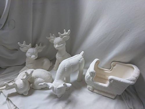 Large Sleigh and 4 Reindeer Set Ceramic Bisque, Ready to Paint