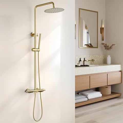RBROHANT Exposed Gold Shower System with Brass Thermostatic Shower Valve, Exposed Shower Faucet Set with Height Adjustable 10 Inch Rain Shower Head and Handheld, Dual Function, Wall Mounted Cover