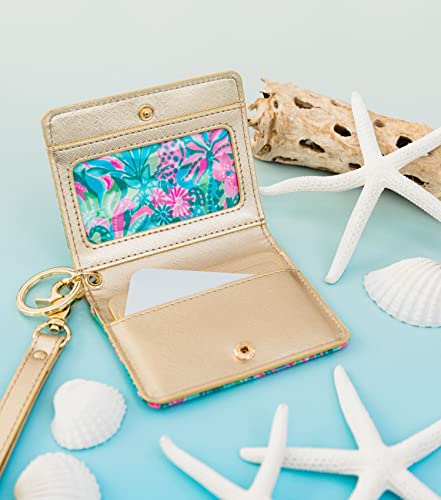 Lilly Pulitzer Snap Id Card Case, Cute Blue Keychain Wallet, Slim Credit Card Holder With Wristlet Strap, Golden Hour #TOP2