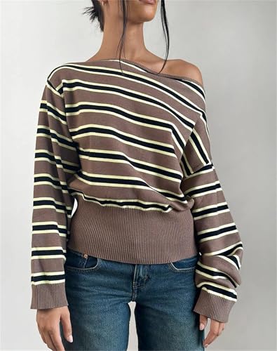Women Y2k Oversized Striped Sweaters Teen Girl Vintage Harajuku Loose Sweater Long Sleeve Off The Shoulder Jumpers3