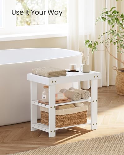 Image of SONGMICS Shoe Rack Bench, 3-Tier Bamboo Shoe Storage Organizer, Entryway Bench, Holds Up to 286 lb, 11.3 x 19.7 x 17.8 Inches, for Entryway Bathroom Bedroom, Cloud White ULBS001W01