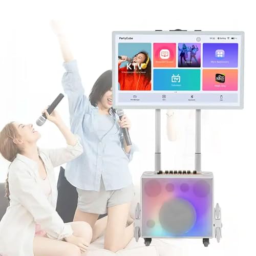 Karaoke - Altoparlante portatile Bluetooth PA con tablet 32 touch, 2 microfoni wireless, altoparlante pieghevole a LED per eventi all'aperto, campeggio e feste