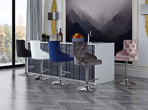 Meridian Furniture Claude Collection Modern | Contemporary Velvet Upholstered Adjustable Bar | Counter Stool With Polished Chrome Metal Base, 20.5" W X 22" D X 42"-50" H, Navy #TOP1