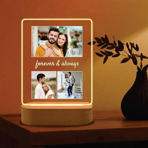 Image of Giftplease Customized Photo & Message Gift for Loved Ones Wooden Base LED Plaque Personalized Frame Perfect for Mom, Dad, Friends, Family, Couples, Birthday, Wedding Anniversary, Valentine