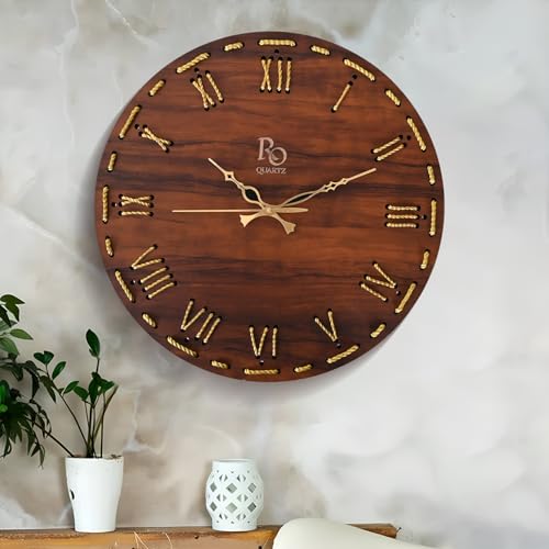 Image of Wooden Round Shape Roman Dial Wall Clock with Golden Hand & Golden Zari Rope Detailing | Stylish Silent Quartz Movement Anti Reflection Analog Vintage Clock for Home (Brown, 15.5 Inch)