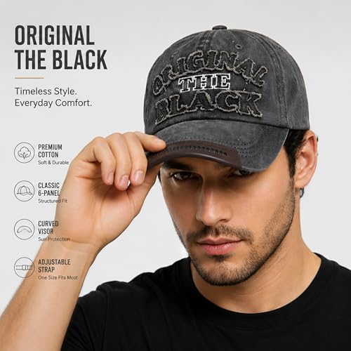Image of Unisex Vintage Washed Cotton Baseball Cap for Men and Women | Distressed Style Adjustable Dad Hat with Letter Embroidery for Sun Protection, Sports & Casual Wear - Charcoal Black