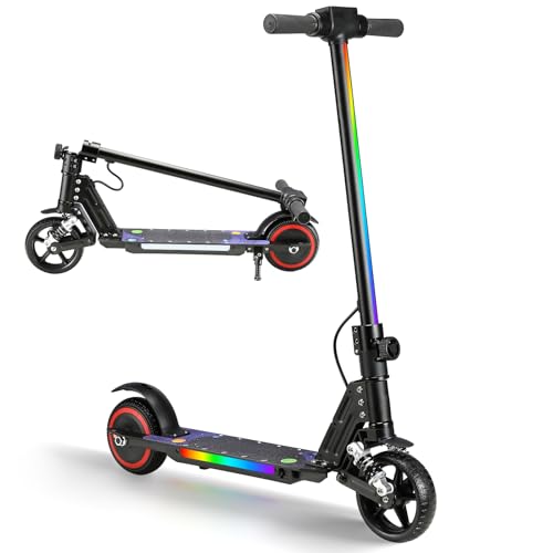 Elektrischer Kinderroller, Upgrade mit LED Front und Fußlichtern, 130W Motor, Faltbarer KinderRoller, Bluetooth Lautsprecher, 8 km Reichweite, Belastbarkeit bis 70 kg, für 3-12 Junge Mädchen (Schwarz)