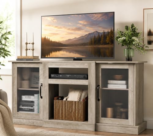 WLIVE 58" Farmhouse TV Stand for 65 Inch TV, Tall Entertainment Center with Storage Cabinets & Adjustable Shelves, Modern Media Console Table with Acrylic Doors for Living Room Bedroom, Greige