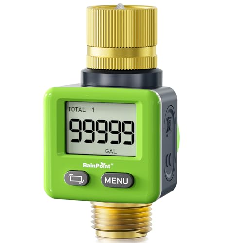 RAINPOINT Water Flow Meter, ±5% Accuracy, Pure Brass Inlet & Outlet Water Meter, 180° Screen-Flip, 4 Measure Modes for Outdoor Garden Hose, Lawn Sprinkler Watering, RV Water Tank Filling, Green