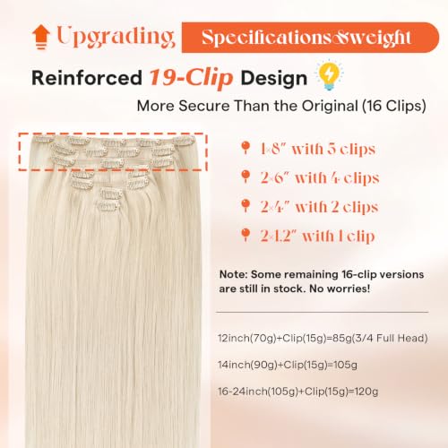 Image of Sunny Hair Clip in Hair Extensions Real Human Hair Platinum Blonde 20 Inch | Human Hair Clip in Extensions for Women, Added Length and Flowing Shape with Natural Movement for Dinner Party 120g