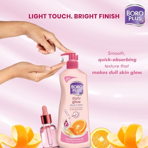 Image of BoroPlus Daily Glow Body Lotion | With Niacinamide, Orange Peel & Triple UV Filters | 24 hrs Moisturisation | For Glowing Even Tone Skin | All Seasons | All Skin Types | No Added Parabens | 400ml