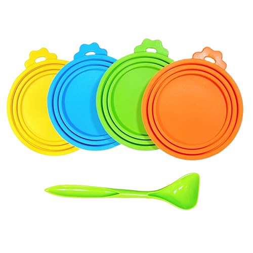 MoPawKT- Silicone Cat/Dog Food Can Covers Lids, Universal 3 Sizes Fit for 3oz, 5.5oz, 6.5oz, 13oz, 13.2oz Pet Food Cans, BPA Free, Reusable (set of 4 lids+1 scoop)