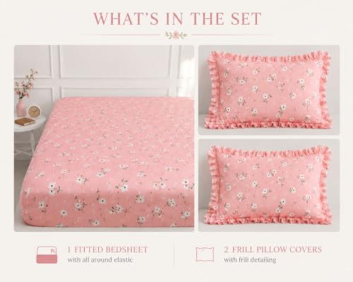 Image of Bluestrip Premium Polycotton Fitted Bedsheet for Double Bed with 2 Frill Pillow Covers | Floral Pink Printed Bed Sheet | All Around Elastic Deep Pocket | Soft | 72 x 78 Inches