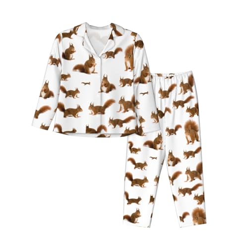 Pyjama à manches longues imprimé écureuil pour femme vêtement de nuit taille élastique