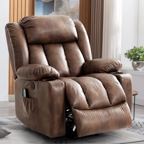 RESTREAL Power Lift Recliner Chair for Elderly, Electric Recliner Chairs for Adults with Massage and Heat, Cup Holders, Remote Control, USB Ports, Side Pockets, Leather (Ochre)
