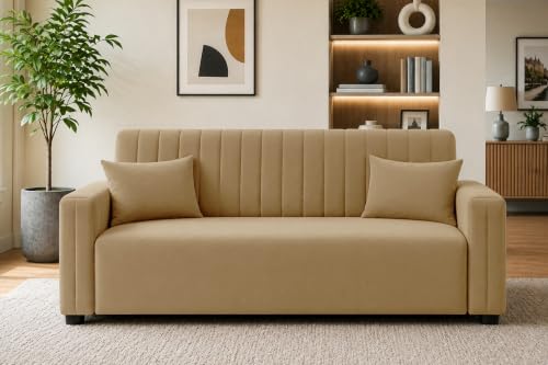 Image of Modern 3 Seater Sofa | Vertical Channel Tufted Backrest & Armrests | Plush Cushioned Seating | Contemporary Upholstered Couch for Living Room, Bedroom & Office - Golden Color