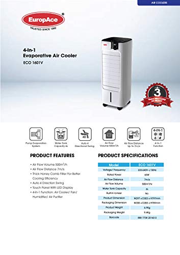 EuropAce ECO 4-in-1 Evaporative Air Cooler front view