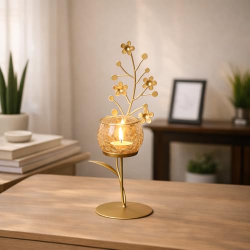 Image of MARKET 99 Metal+Glass Single Votive T Light Holder | Elegant Home Decor for Diwali, Christmas, Birthday, and Wedding | Decorative Candle Holder for Ideal for Festive & Ambient Lighting | Golden