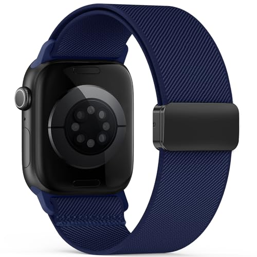 Image of Stretchy Band Compatible with Apple Watch Bands 40mm 38mm 41mm 42mm 44mm 45mm 46mm 49mm Women Men,Strong Magnetic Clasp Elastic Sport Strap for iWatch Series 11 10 9 8 7 6 5 4 3 2 1 Ultra SE /Navy Blue