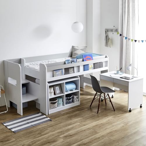 ネルコンシェルジュシステムベッド (ロフトベッド+デスク+シェルフ) ショートシングル 階段ジーニー/ホワイト-ライトグレー