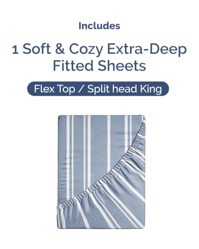 Image of Extra Deep Flex Top Split Head King Fitted Sheet - Hotel Luxury Single Fitted Sheet Only - Easily Fits 18 inch to 24 inch Mattress - Ultra Soft, Wrinkle Free w /Extra Deep Pockets - Blue Stripes 3