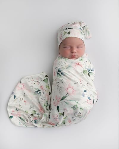 Image of Baby Receiving Blanket Swaddle Blanket Infant Wrap with Matching Headband Beanie and Name Card (Pink and Grey)
