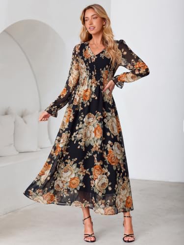 Simplee Womens Long Sleeve Floral Wedding Guest Boho Maxi Dress,Navy L — view 4