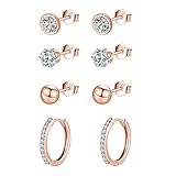 wynn's Rose Gold Earrings for Women, 925 Sterling Silver Stud Earrings, Cubic Zirconia Small Sleepers Studs Hoops Earrings, 4mm Stud Earrings + 12mm Hoop Earrings, Rose Gold Earrrings set