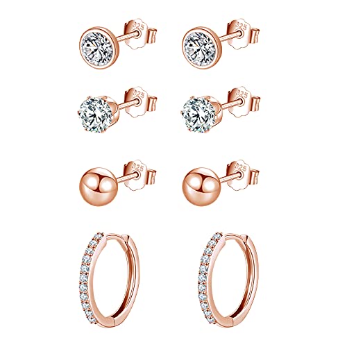 wynn's Rose Gold Earrings for Women, 925 Sterling Silver Stud Earrings, Cubic Zirconia Small Sleepers Studs Hoops Earrings, 4mm Stud Earrings + 12mm Hoop Earrings, Rose Gold Earrrings set