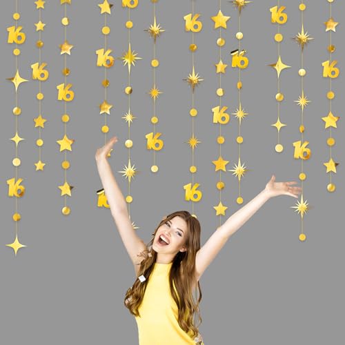 Image of Gold 16th Birthday Decorations Number 16 Circle Dot Twinkle Star Garland Metallic Streamer Banner Backdrop for Girls Boys Happy 16th Birthday Sweet Sixteen Anniversary Cheers to 16 Years Party Decor