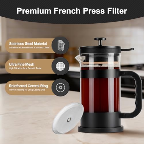 6 Packs French Press Filters Replacements, 4 Inch Premium Stainless Steel French Press Screen Replacement for 1000 Ml/ 34 Oz/ 8 Cup French Press Coffee and Tea Makers by ES NATAURA