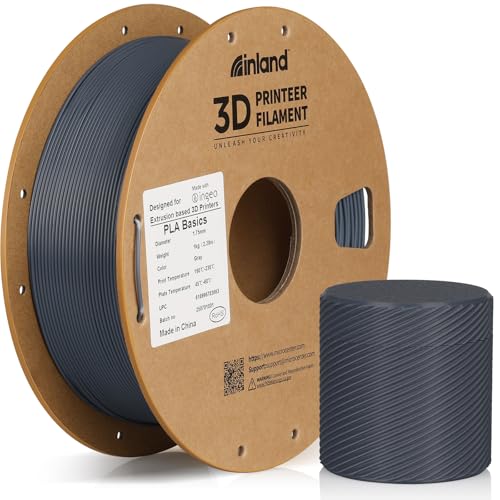 Inland PLA Basics Filament 1.75mm 1kg Spool Dimensional Accuracy 0.02mm Neatly Wound Fits Most FDM 3D Printers (Gray 1 Pack)