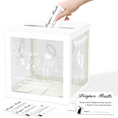 Image of 50 Diaper Raffle Tickets With Box for Baby Shower Game, Clear White Card Box for Gender Reveal Oh Baby Party Decoration