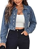 EMMIOL Cropped Denim Jacket for Women Vintage, Oversized Jean Jacket Distressed Dark Wash, Baggy Short Coat