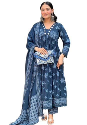 Image of Nermosa Women Printed Anarkali Kurta and Pant Set with Dupatta