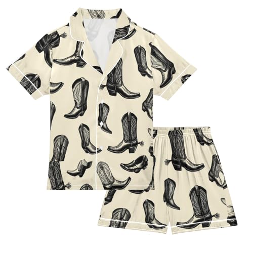 Satin Pajama Sets Short Sleeve Cowboy Boots Pattern Print Button Down Silky Nightwear 2 Piece PJS 5-14Y