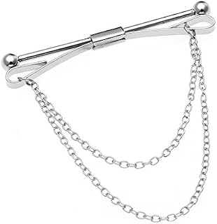 PiercingJ Mens Silver Tone Metal Shirt Tie Collar Bar Pin Stud Bar Clip Clasp Brooch Necktie Clip Bar Chain for Wedding Business