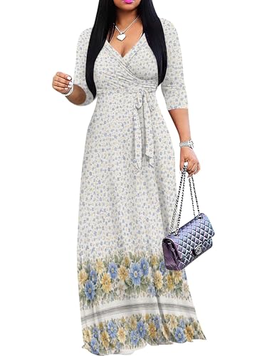 Image of Women's V Neck Floral Maxi Dress 3 /4 Sleeve Plus Size Boho Wrap Flowy Long Dresses with Belt